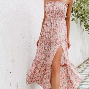 Simplee Strapless Pink and White Floral Dress